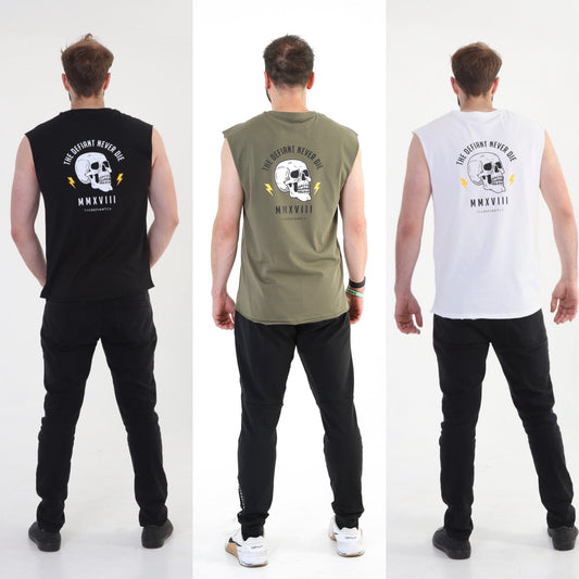 A photo collage showing the back design of the three variations of The Defiant Never Die sleeveless tee.  The colour options are black, olive green and white.  The tees are slightly oversized and have a round neckline.  The back design has the bold skull and lightening design with The Defiant Never Die slogan across the top and The Defiant Co along the bottom along with the date Defiant was formed.