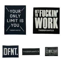 Load image into Gallery viewer, A photo collage showing the velcro patches available within the accessories section of The Defiant Co website.  The patches show a variety of designs and are all embossed with the standard The Defiant Co logo in some capacity.  There are five to choose from in multiple designs and sizes, all black with white text.