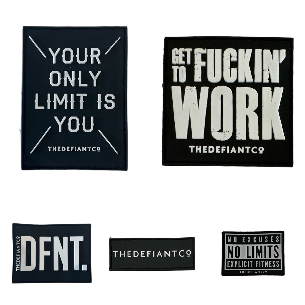 A photo collage showing the velcro patches available within the accessories section of The Defiant Co website.  The patches show a variety of designs and are all embossed with the standard The Defiant Co logo in some capacity.  There are five to choose from in multiple designs and sizes, all black with white text.