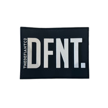 Load image into Gallery viewer, A photo of a velcro patch designed to stick to your gym bag.  The finish is rubber. the main colour is black and the text is white.  The patch states DFNT.
