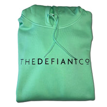 Load image into Gallery viewer, A photo of a standard fit, unisex The Defiant Co Hoodie.  The hoodie has draw strings and a pouch pocket on the front as per all standard designs.  The hoodie has the famous The Defiant Co logo across the front of the chest and is plain on the back.  The colour is neon green.