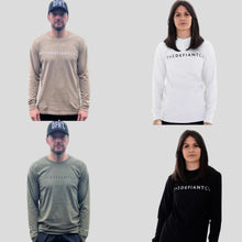 Load image into Gallery viewer, A collage showing all four of The Defiant Co long sleeved unisex t-shirts. The sand and olive are modelled by a guy wearing size medium and the black and white are modelled by a girl wearing size small.  These are perfect for warming up for your workouts in the gym.