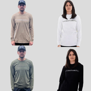 A collage showing all four of The Defiant Co long sleeved unisex t-shirts. The sand and olive are modelled by a guy wearing size medium and the black and white are modelled by a girl wearing size small.  These are perfect for warming up for your workouts in the gym.