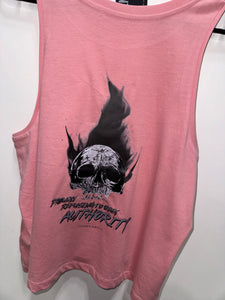 A photo showing the back of a female fit slightly cropped vest top.  The shirt has a big bold print on the back of a skull in flames. Underneath the skull is the defiant tag line 'Proudly Refusing To Obey Authority' with The Defiant Co logo under that. The vest is pink in colour.
