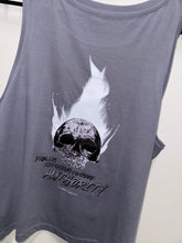 Load image into Gallery viewer, A photo showing the back of a female fit slightly cropped vest top.  The shirt has a big bold print on the back of a skull in flames. Underneath the skull is the defiant tag line &#39;Proudly Refusing To Obey Authority&#39; with The Defiant Co logo under that. The vest is lava grey in colour.