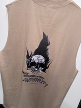 Load image into Gallery viewer, A photo showing the back of a unisex sleeveless t-shirt.  The shirt has a big bold print on the back of a skull in flames. Underneath the skull is the defiant tag line &#39;Proudly Refusing To Obey Authority&#39; with the The Defiant Co logo under that. The sleeveless is faded khaki in colour.