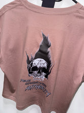 Load image into Gallery viewer, A photo showing the back of a female fit cropped t-shirt.  The shirt has a big bold print on the back of a skull in flames. Underneath the slull is the defiant tag line &#39;Proudly Refusing To Obey Authority&#39; with the The Defiant Co logo under that. The shirt is mauve in colour.
