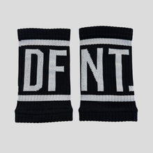 Load image into Gallery viewer, A photo collage showing the DFNT. performance sweat bands.  The sweat bands are black with DFNT. in white incased in a white border.  The sweatbands are elasticated and will stand up to any workout.