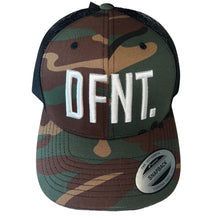 Load image into Gallery viewer, The DFNT. Trucker Cap in Camo with White embroidery.  The mesh back ensures breathability, so these are great for working out as well as going about your daily business.  The logo is boldly embroidered across the front in a raised style that adds that touch of class.