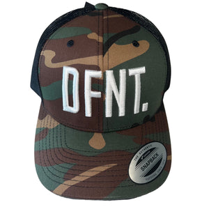 The DFNT. Trucker Cap in Camo with White embroidery.  The mesh back ensures breathability, so these are great for working out as well as going about your daily business.  The logo is boldly embroidered across the front in a raised style that adds that touch of class.