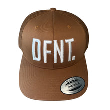 Load image into Gallery viewer, The DFNT. Trucker Cap in Caramel with White embroidery.  The mesh back ensures breathability, so these are great for working out as well as going about your daily business.  The logo is boldly embroidered across the front in a raised style that adds that touch of class.