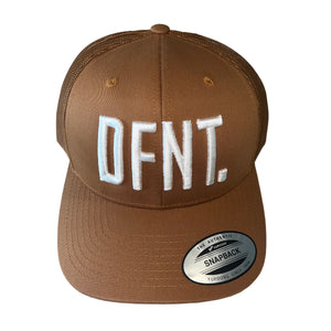 The DFNT. Trucker Cap in Caramel with White embroidery.  The mesh back ensures breathability, so these are great for working out as well as going about your daily business.  The logo is boldly embroidered across the front in a raised style that adds that touch of class.