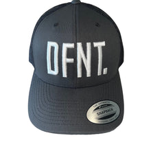 Load image into Gallery viewer, The DFNT. Trucker Cap in Charcoal with White embroidery.  The mesh back ensures breathability, so these are great for working out as well as going about your daily business.  The logo is boldly embroidered across the front in a raised style that adds that touch of class.