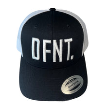 Load image into Gallery viewer, The DFNT. Trucker Cap in Black and White with White embroidery.  The mesh back ensures breathability, so these are great for working out as well as going about your daily business.  The logo is boldly embroidered across the front in a raised style that adds that touch of class.