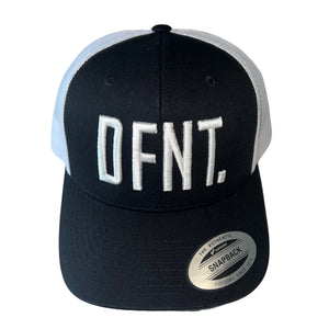 The DFNT. Trucker Cap in Black and White with White embroidery.  The mesh back ensures breathability, so these are great for working out as well as going about your daily business.  The logo is boldly embroidered across the front in a raised style that adds that touch of class.