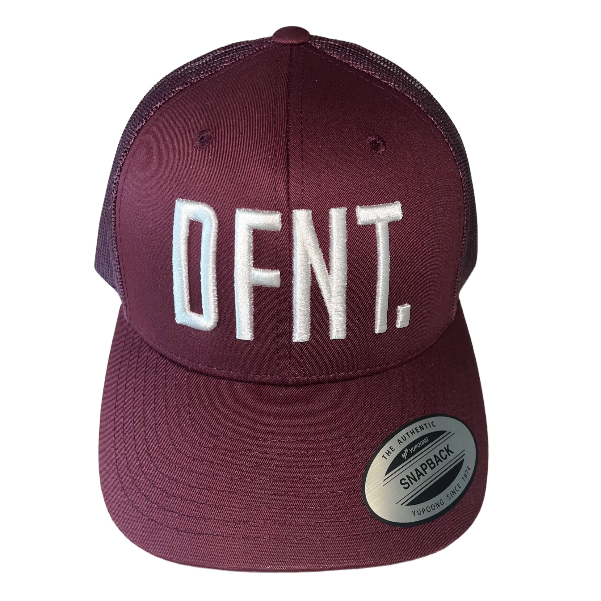 The DFNT. Trucker Cap in Burgundy with White embroidery.  The mesh back ensures breathability, so these are great for working out as well as going about your daily business.  The logo is boldly embroidered across the front in a raised style that adds that touch of class.