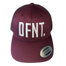 Load image into Gallery viewer, The DFNT. Trucker Cap in Burgundy with White embroidery.  The mesh back ensures breathability, so these are great for working out as well as going about your daily business.  The logo is boldly embroidered across the front in a raised style that adds that touch of class.