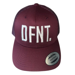 The DFNT. Trucker Cap in Burgundy with White embroidery.  The mesh back ensures breathability, so these are great for working out as well as going about your daily business.  The logo is boldly embroidered across the front in a raised style that adds that touch of class.