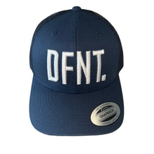 Load image into Gallery viewer, The DFNT. Trucker Cap in Navy with White embroidery.  The mesh back ensures breathability, so these are great for working out as well as going about your daily business.  The logo is boldly embroidered across the front in a raised style that adds that touch of class.