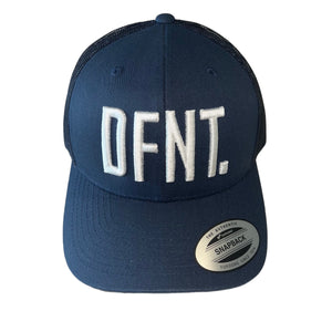 The DFNT. Trucker Cap in Navy with White embroidery.  The mesh back ensures breathability, so these are great for working out as well as going about your daily business.  The logo is boldly embroidered across the front in a raised style that adds that touch of class.