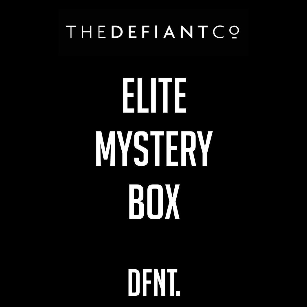 The photo shows the details for the mystery box and is simply just text on a black background. Both The Defiant Co and DFNT. logos are included with the level of the Mystery Box, this one being Elite.