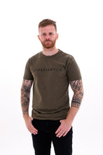 Load image into Gallery viewer, A guy with visible tattoos wearing The Defiant Co short sleeved t-shirt.  The t-shirt is 100% cotton and is extremely high quality making it a staple for the gym and beyond.  The famous The Defiant Co logo is embossed across the centre of the chest and the colour of the tee is olive green.