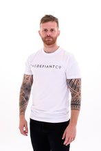 Load image into Gallery viewer, A guy with visible tattoos wearing The Defiant Co short sleeved t-shirt.  The t-shirt is 100% cotton and is extremely high quality making it a staple for the gym and beyond.  The famous The Defiant Co logo is embossed across the centre of the chest and the colour of the tee is white.