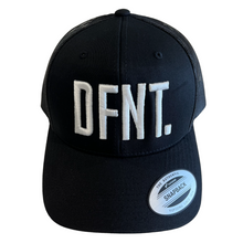 Load image into Gallery viewer, The DFNT. Trucker Cap in Black with white embroidery.  The mesh back ensures breathability, so these are great for working out as well as going about your daily business.  The logo is boldly embroidered across the front in a raised style that adds that touch of class.