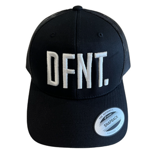 The DFNT. Trucker Cap in Black with white embroidery.  The mesh back ensures breathability, so these are great for working out as well as going about your daily business.  The logo is boldly embroidered across the front in a raised style that adds that touch of class.