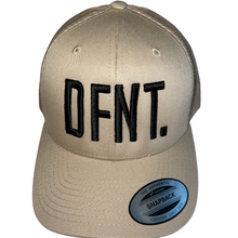 Load image into Gallery viewer, The DFNT. Trucker Cap in stone with black embroidery.  The mesh back ensures breathability, so these are great for working out as well as going about your daily business.  The logo is boldly embroidered across the front in a raised style that adds that touch of class.