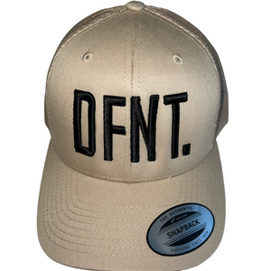 The DFNT. Trucker Cap in stone with black embroidery.  The mesh back ensures breathability, so these are great for working out as well as going about your daily business.  The logo is boldly embroidered across the front in a raised style that adds that touch of class.
