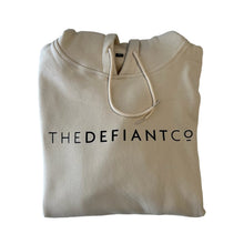 Load image into Gallery viewer, A photo of a standard fit, unisex The Defiant Co Hoodie.  The hoodie has draw strings and a pouch pocket on the front as per all standard designs.  The hoodie has the famous The Defiant Co logo across the front of the chest and is plain on the back.  The colour is sand. 