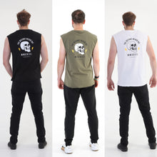 Load image into Gallery viewer, A photo collage showing the back design of the three variations of The Defiant Never Die sleeveless tee.  The colour options are black, olive green and white.  The tees are slightly oversized and have a round neckline.  The back design has the bold skull and lightening design with The Defiant Never Die slogan across the top and The Defiant Co along the bottom along with the date Defiant was formed.