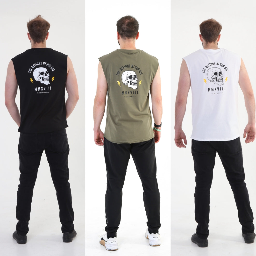 A photo collage showing the back design of the three variations of The Defiant Never Die sleeveless tee.  The colour options are black, olive green and white.  The tees are slightly oversized and have a round neckline.  The back design has the bold skull and lightening design with The Defiant Never Die slogan across the top and The Defiant Co along the bottom along with the date Defiant was formed.