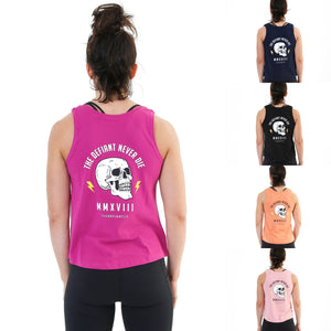 A photo collage showing the back design of the five variations of The Defiant Never Die tank top.  The colour options are black, navy, orchid flower, volcanic stone and pink.  The tanks are a standard fit.  The back design has the bold skull and lightening design with The Defiant Never Die slogan across the top and The Defiant Co along the bottom along with the date Defiant was formed.  The front has the DFNT. Logo to the left breast.