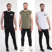 Load image into Gallery viewer, A photo collage showing the front design of the three variations of The Defiant Never Die sleeveless tee.  The colour options are black, olive green and white.  The tees are slightly oversized and have a round neckline.  The back design has the bold skull and lightening design with The Defiant Never Die slogan across the top and The Defiant Co along the bottom along with the date Defiant was formed.  The front has the DFNT. Logo to the left breast.