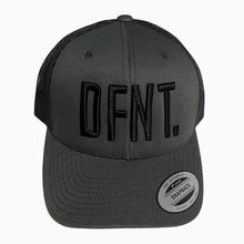 Load image into Gallery viewer, The DFNT. Trucker Cap in Charcoal with Black embroidery.  The mesh back ensures breathability, so these are great for working out as well as going about your daily business.  The logo is boldly embroidered across the front in a raised style that adds that touch of class.