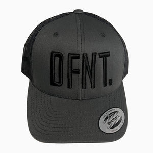 The DFNT. Trucker Cap in Charcoal with Black embroidery.  The mesh back ensures breathability, so these are great for working out as well as going about your daily business.  The logo is boldly embroidered across the front in a raised style that adds that touch of class.
