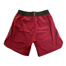 Load image into Gallery viewer, A photo of the best selling The Defiant Co Performance Shorts.  The shorts have a black elasticated waistband with draw strings and have The Defiant Co logo down the left leg.  The shorts have two pockets, one either side and are the colour burgundy.