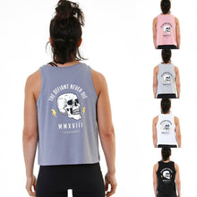 Load image into Gallery viewer, A photo collage showing the back design of the five variations of The Defiant Never Die vest top.  The colour options are black, white, lava grey, heather grey and pink.  The vests bare slightly cropped and slightly oversized giving them a floaty feel.  The back design has the bold skull and lightening design with The Defiant Never Die slogan across the top and The Defiant Co along the bottom along with the date Defiant was formed.  The front has the DFNT. Logo to the left breast.