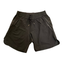 Load image into Gallery viewer, A photo of the best selling The Defiant Co Performance Shorts.  The shorts have a black elasticated waistband with draw strings and have The Defiant Co logo down the left leg.  The shorts have two pockets, one either side and are the colour black.