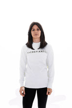 Load image into Gallery viewer, A photo showing ‘The Defiant Co’ long sleeved unisex t-shirt. The shirt has the famous ‘The Defiant Co’ logo across the front of the chest.  The shirt has a round neck and is slightly oversized. The shirt colour is white.