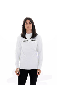 A photo showing ‘The Defiant Co’ long sleeved unisex t-shirt. The shirt has the famous ‘The Defiant Co’ logo across the front of the chest.  The shirt has a round neck and is slightly oversized. The shirt colour is white.
