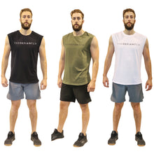 Load image into Gallery viewer, A photo collage showing the three iterations of The Defiant Co sleeveless t-shirt, the options are black, olive green and white.  The have the famous The Defiant Co logo printed across the centre of the chest, this white on the black tee and black on the olive green and white tees.  The tees are slightly oversized and have a round neck.