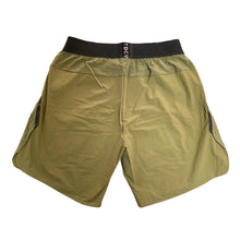 Load image into Gallery viewer, A photo of the best selling The Defiant Co Performance Shorts.  The shorts have a black elasticated waistband with draw strings and have The Defiant Co logo down the left leg.  The shorts have two pockets, one either side and are the colour olive green.