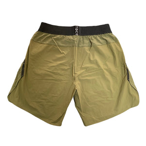 A photo of the best selling The Defiant Co Performance Shorts.  The shorts have a black elasticated waistband with draw strings and have The Defiant Co logo down the left leg.  The shorts have two pockets, one either side and are the colour olive green.