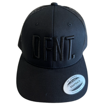 Load image into Gallery viewer, The DFNT. Trucker Cap in Black with Black embroidery.  The mesh back ensures breathability, so these are great for working out as well as going about your daily business.  The logo is boldly embroidered across the front in a raised style that adds that touch of class.