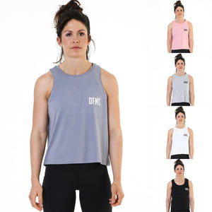 A photo collage showing the front design of the five variations of The Defiant Never Die vest top.  The colour options are black, white, lava grey, heather grey and pink.  The vests bare slightly cropped and slightly oversized giving them a floaty feel.  The back design has the bold skull and lightening design with The Defiant Never Die slogan across the top and The Defiant Co along the bottom along with the date Defiant was formed.  The front has the DFNT. Logo to the left breast.