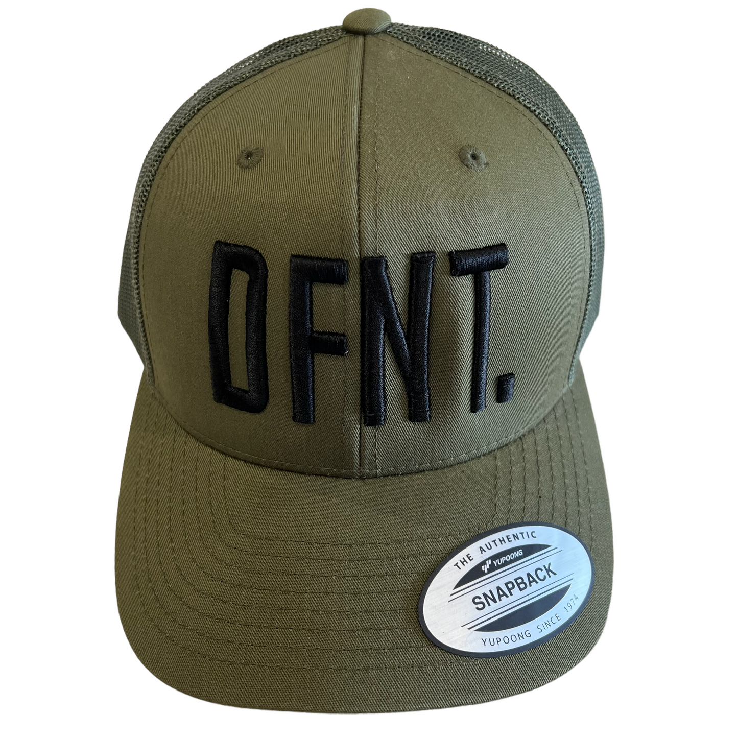 The DFNT. Trucker Cap in Olive with Black embroidery.  The mesh back ensures breathability, so these are great for working out as well as going about your daily business.  The logo is boldly embroidered across the front in a raised style that adds that touch of class.