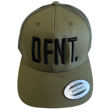 Load image into Gallery viewer, The DFNT. Trucker Cap in Olive with Black embroidery.  The mesh back ensures breathability, so these are great for working out as well as going about your daily business.  The logo is boldly embroidered across the front in a raised style that adds that touch of class.